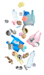 Image of Set of different falling garbage on white background. Waste management and recycling