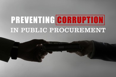 Image of Preventing corruption in public procurement. Silhouettes of woman giving bribe money to businessman on dark grey background, closeup