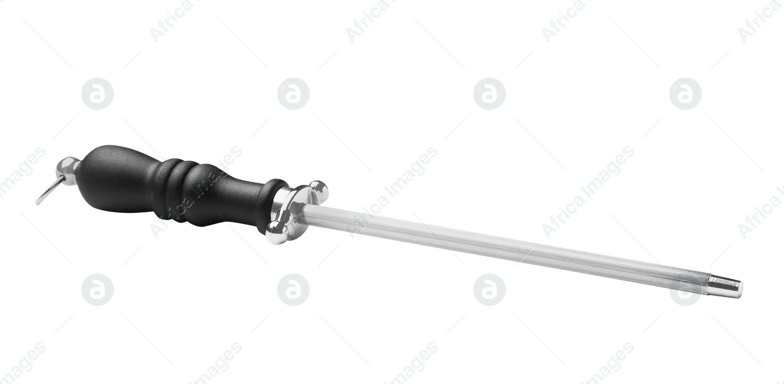 Photo of Sharpening stick with black handle isolated on white