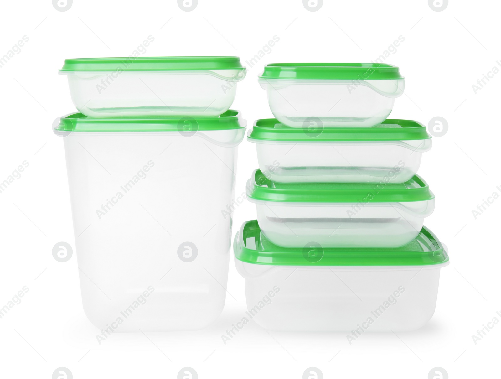 Photo of Empty plastic containers on white background. Food storage