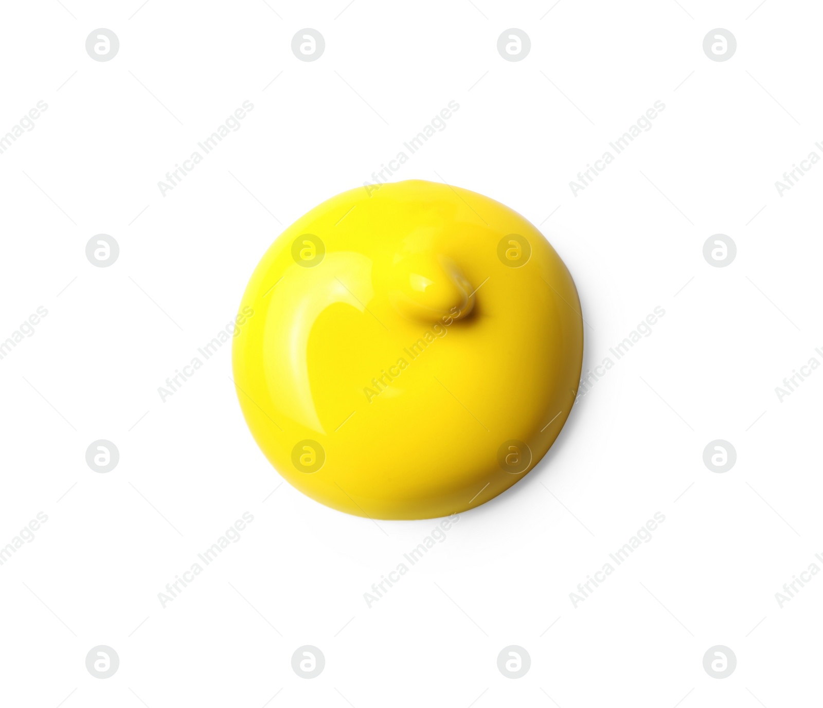 Photo of Sample of yellow paint on white background, top view