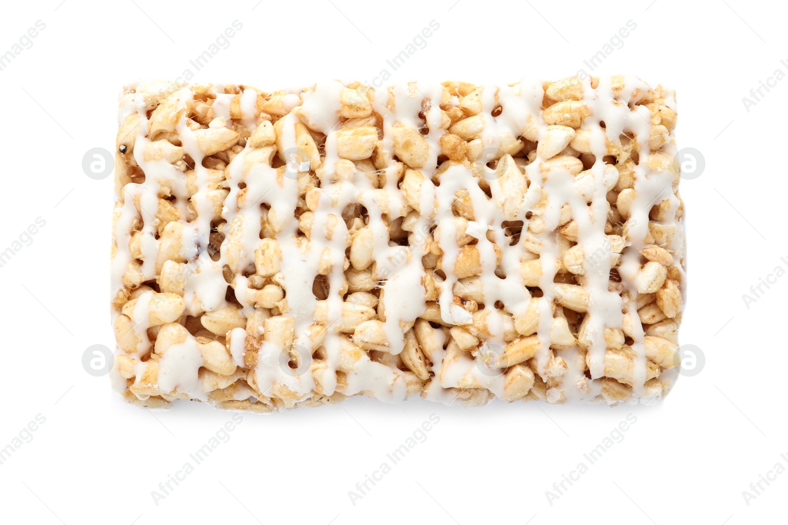 Photo of Bar of delicious rice crispy treat isolated on white, top view