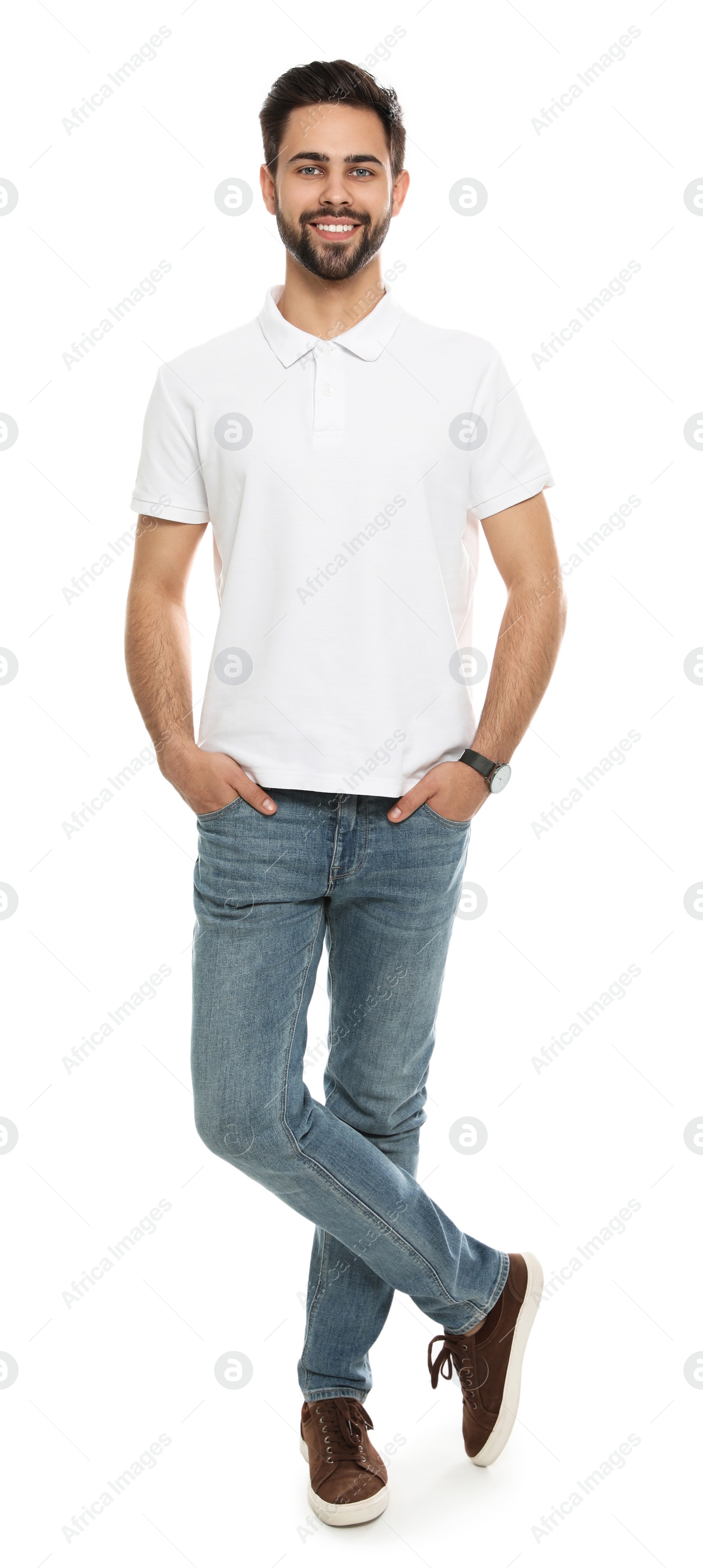 Photo of Young man in t-shirt on white background. Mock up for design