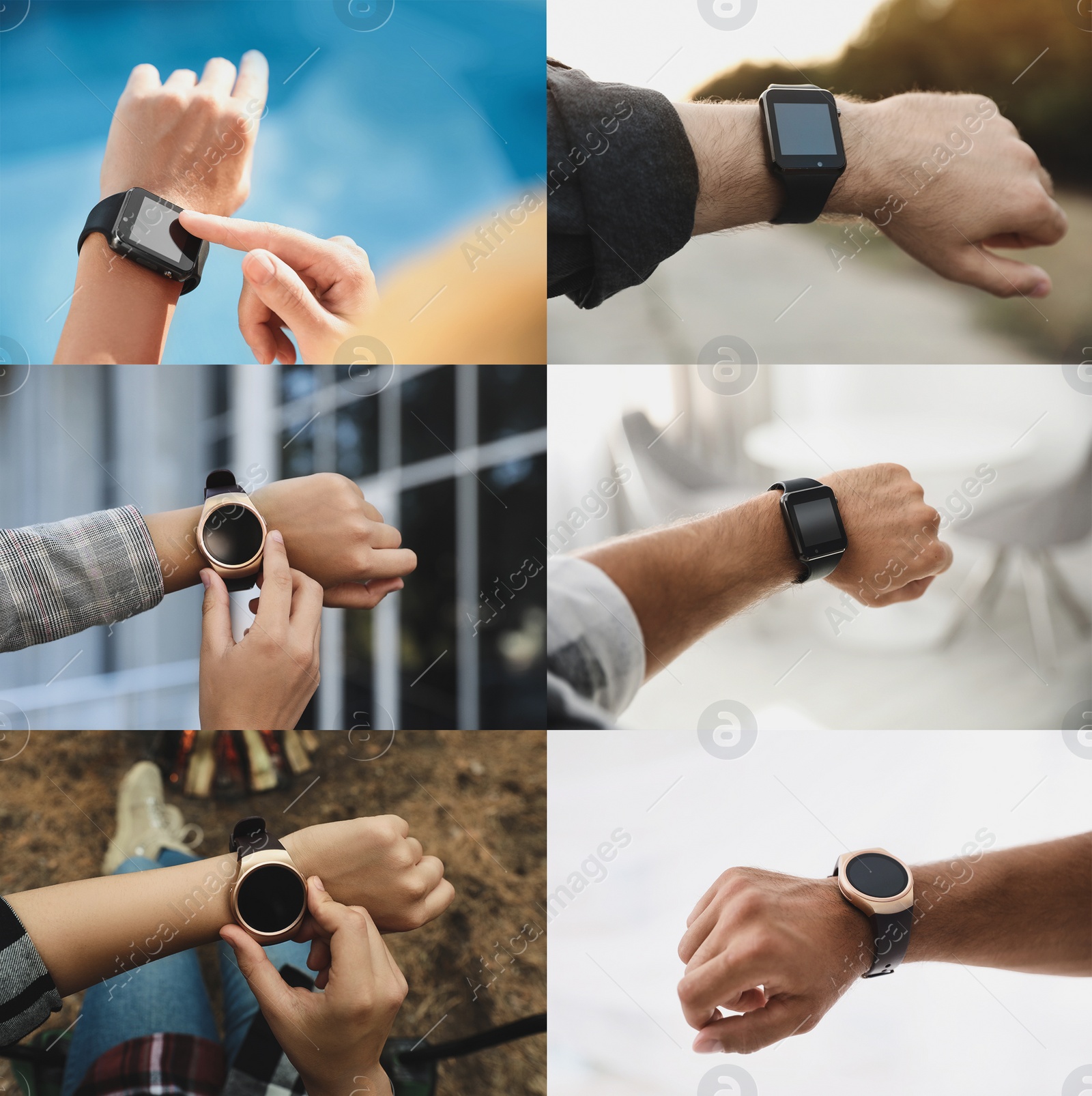 Image of Photos of people using different smart watches, closeup. Collage design 