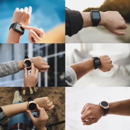 Photos of people using different smart watches, closeup. Collage design 