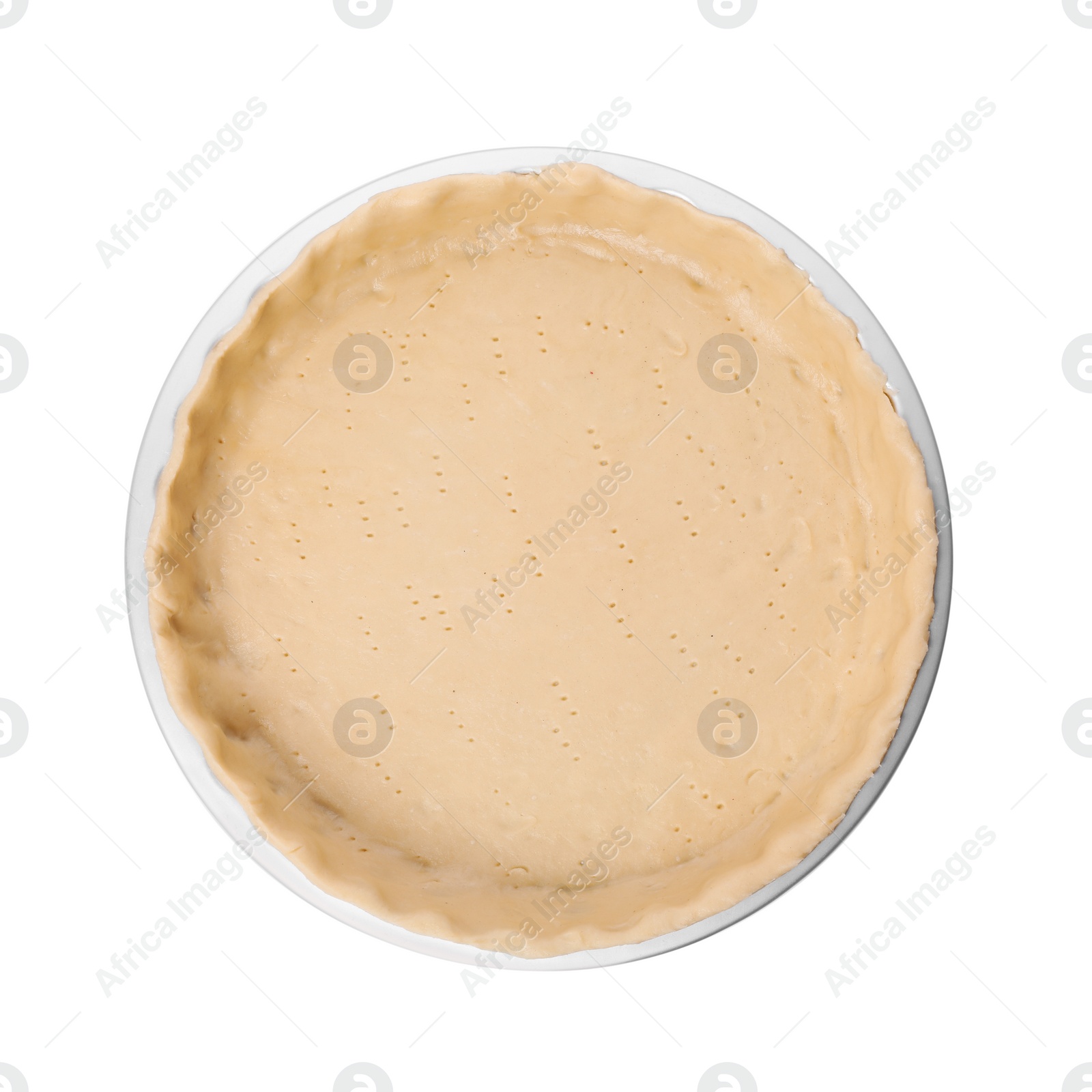 Photo of Quiche pan with fresh dough isolated on white, top view