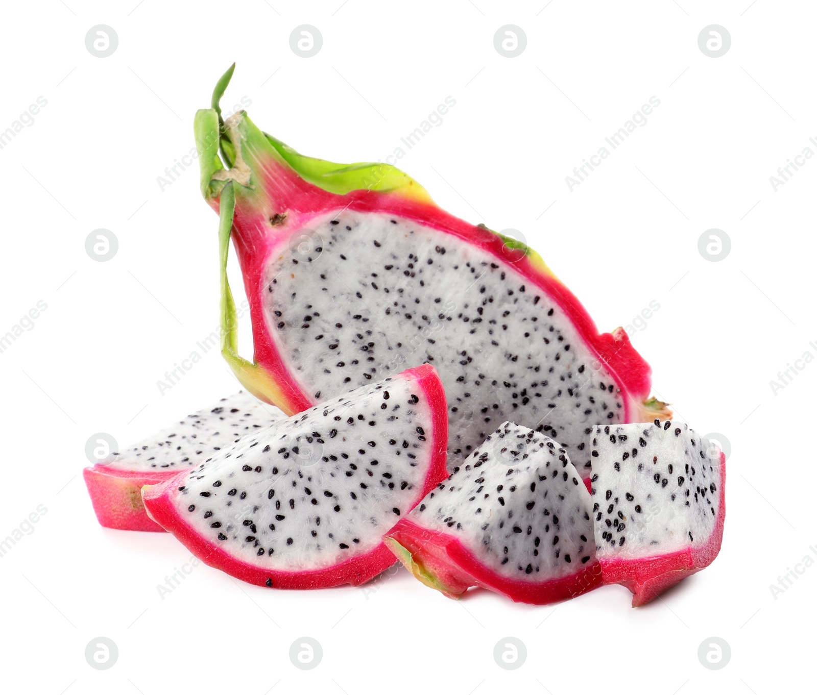 Photo of Delicious cut pitahaya fruit on white background