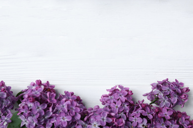 Beautiful lilac blossom on white wooden background, flat lay. Space for text