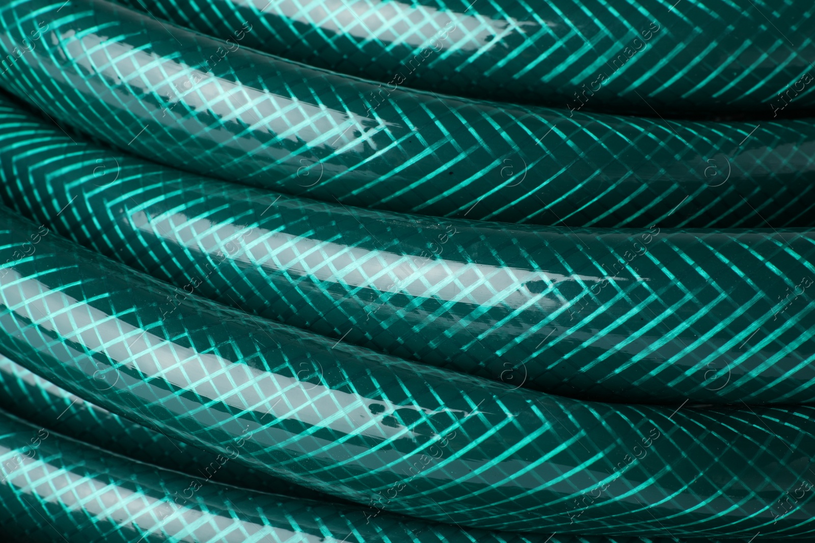 Photo of Green rubber watering hose as background, closeup