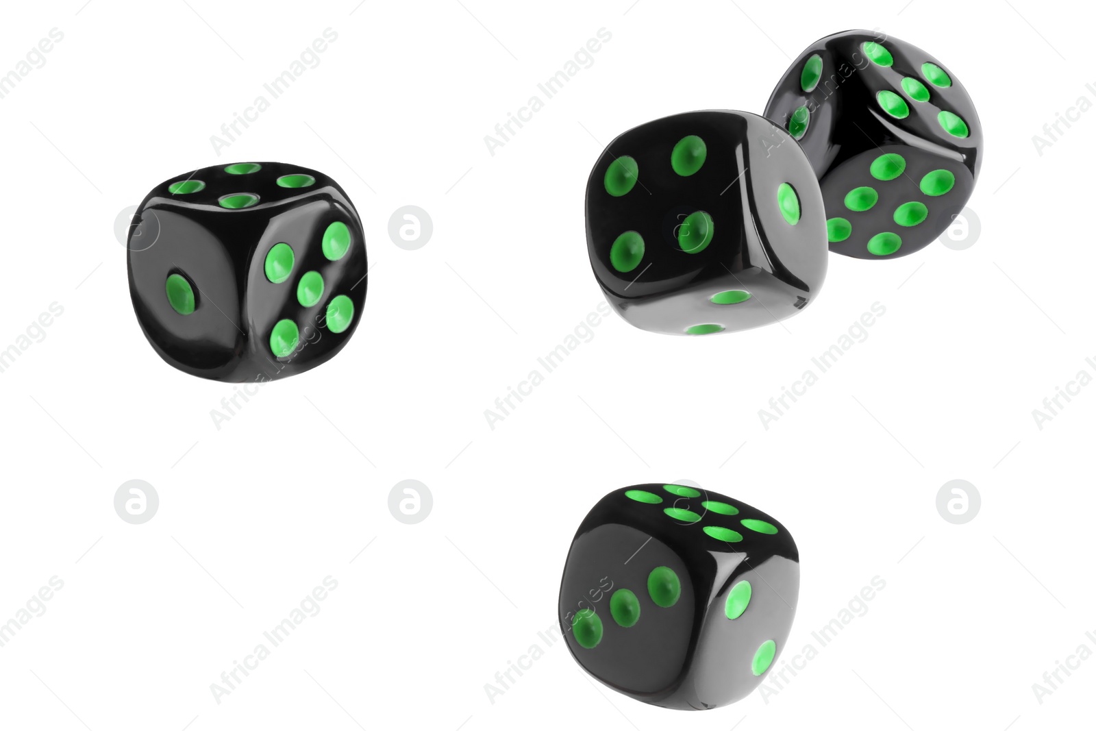 Image of Four black dice in air on white background