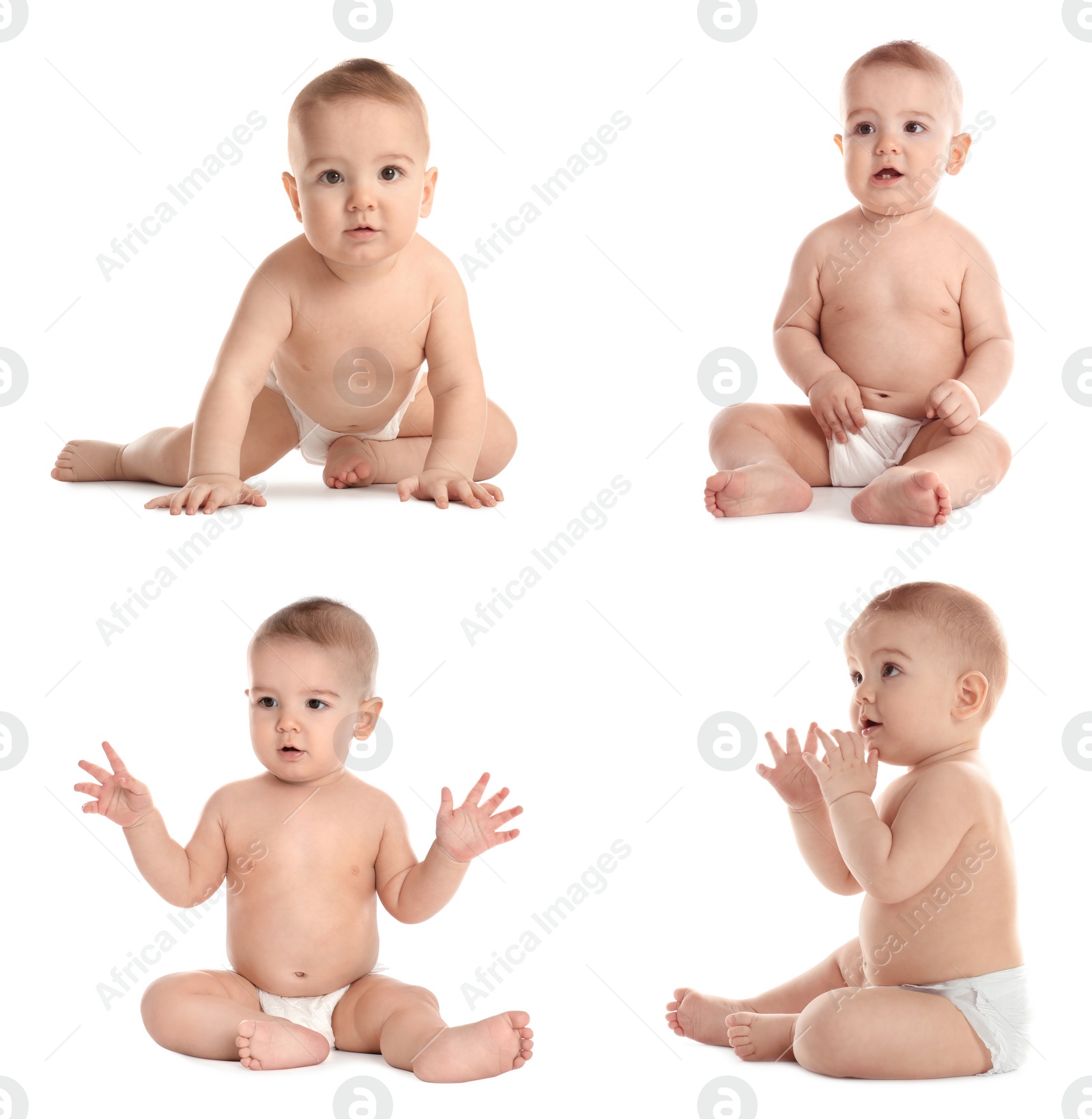 Image of Collage with photos of cute little baby in diaper on white background 