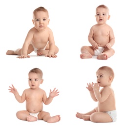 Collage with photos of cute little baby in diaper on white background 