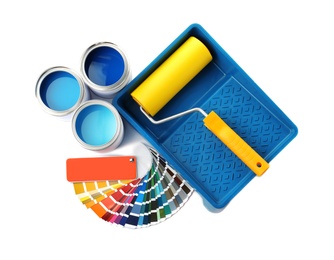 Photo of Set of painting tools on white background, top view