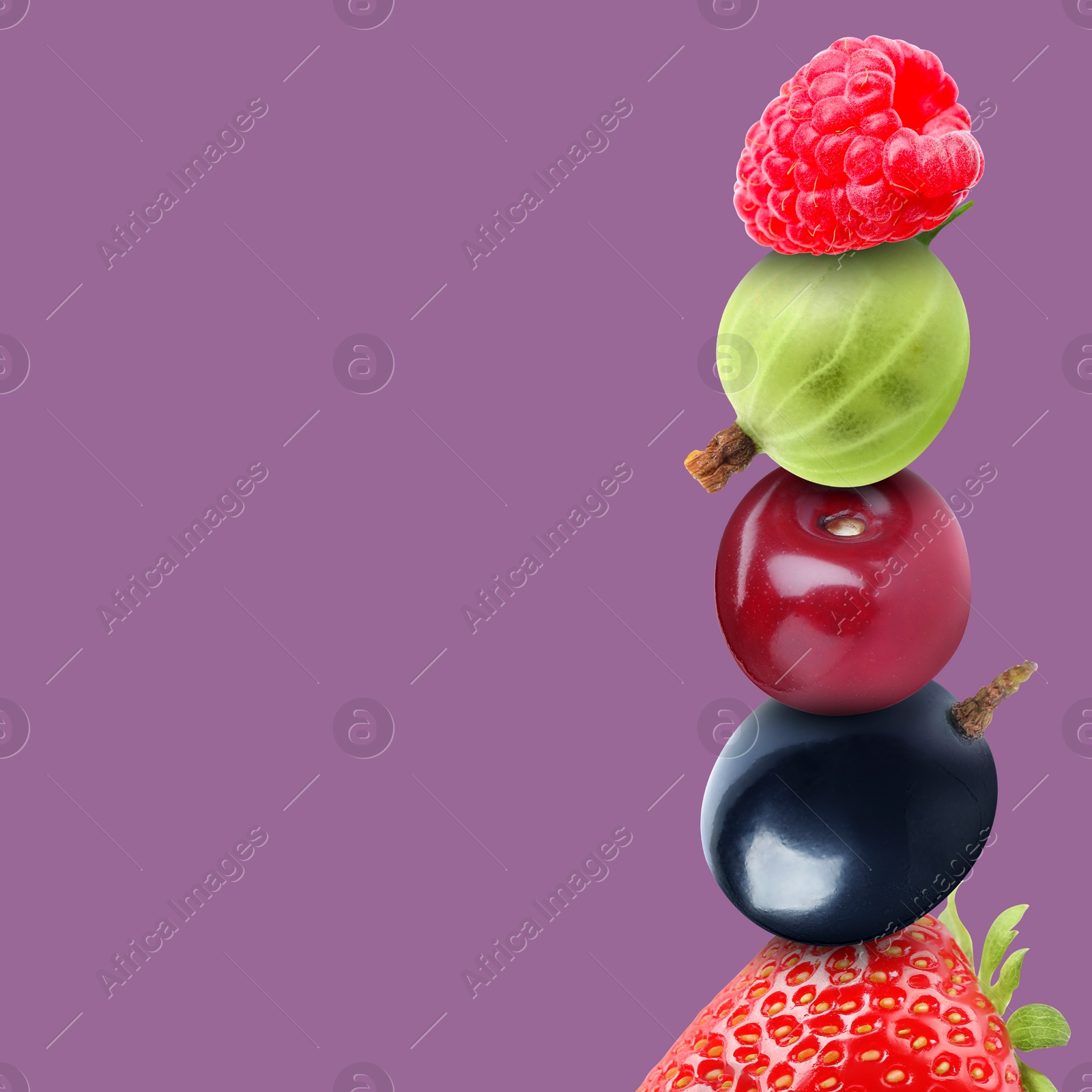 Image of Stack of different fresh tasty berries and cherry on pale purple background, space for text