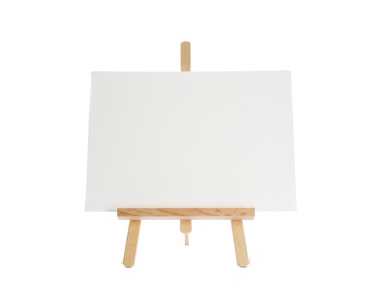 Photo of Wooden easel with blank sheet of paper on white background