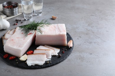 Photo of Pork fatback with spices served on grey table. Space for text