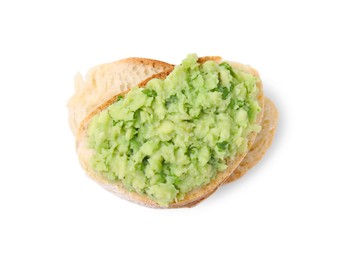 Delicious sandwich with guacamole on white background, top view