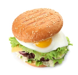 Tasty burger with fried egg on white background