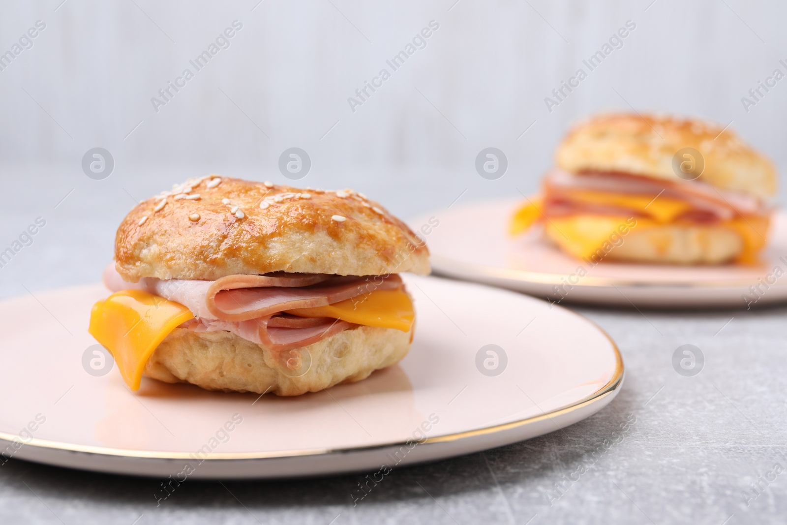 Delicious bagel with ham and cheese on light grey table. Space for text Photo of Delicious bagel with ham and cheese on light grey table. Space for text