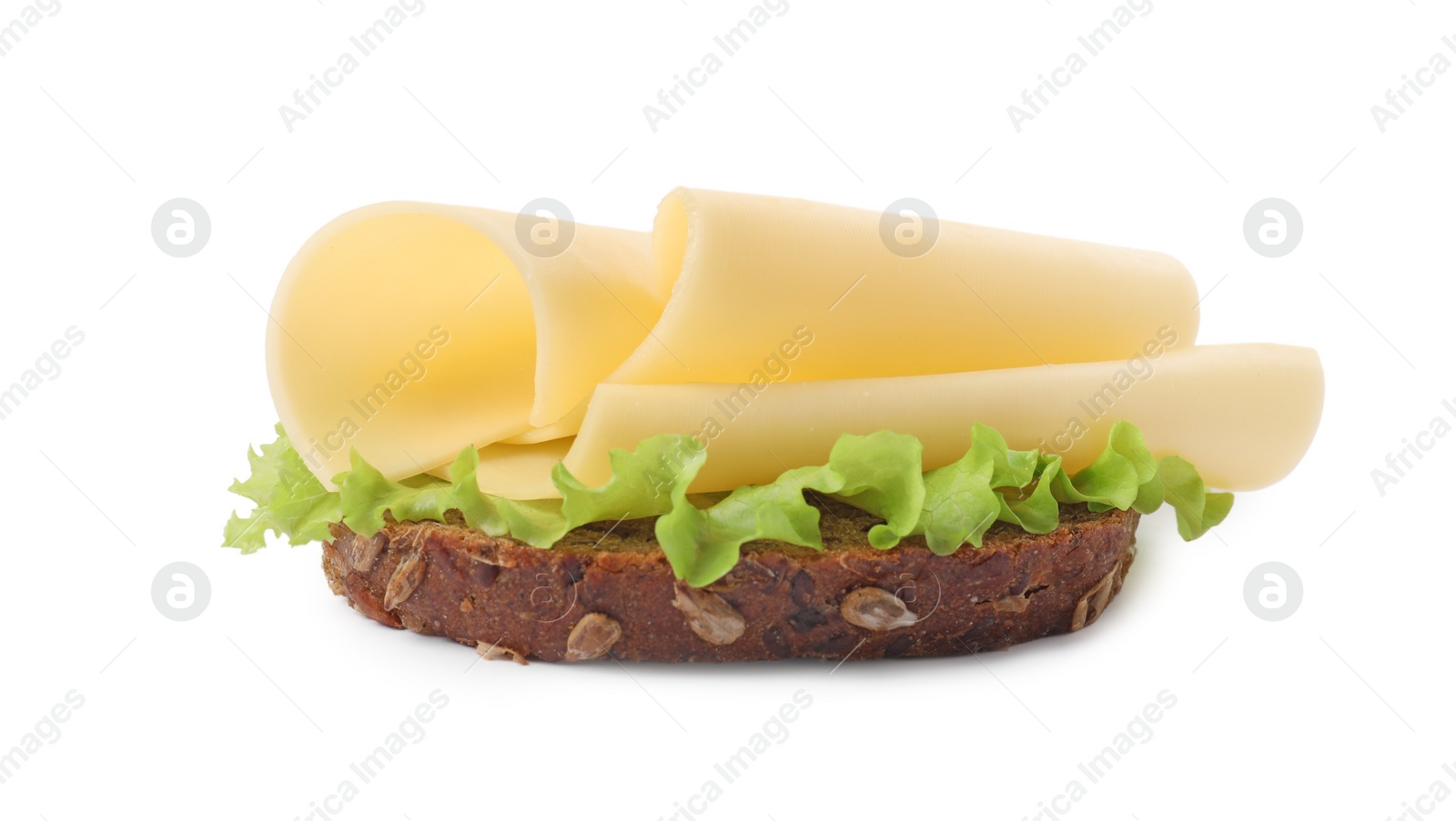 Photo of Tasty sandwich with slices of fresh cheese and lettuce isolated on white