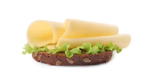 Tasty sandwich with slices of fresh cheese and lettuce isolated on white