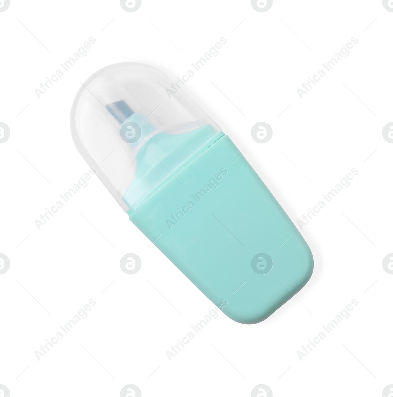 Photo of One turquoise marker on white background, top view