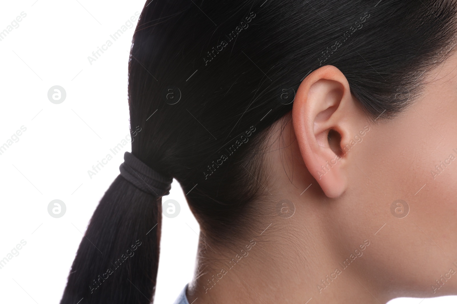 Photo of Woman on white background, closeup of ear