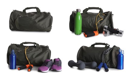 Image of Sports bag and gym equipment on white background, collage