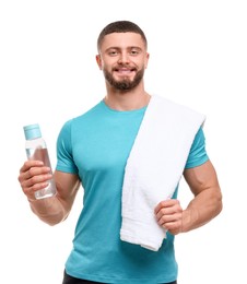 Photo of Handsome man with bottle of water and towel on white background