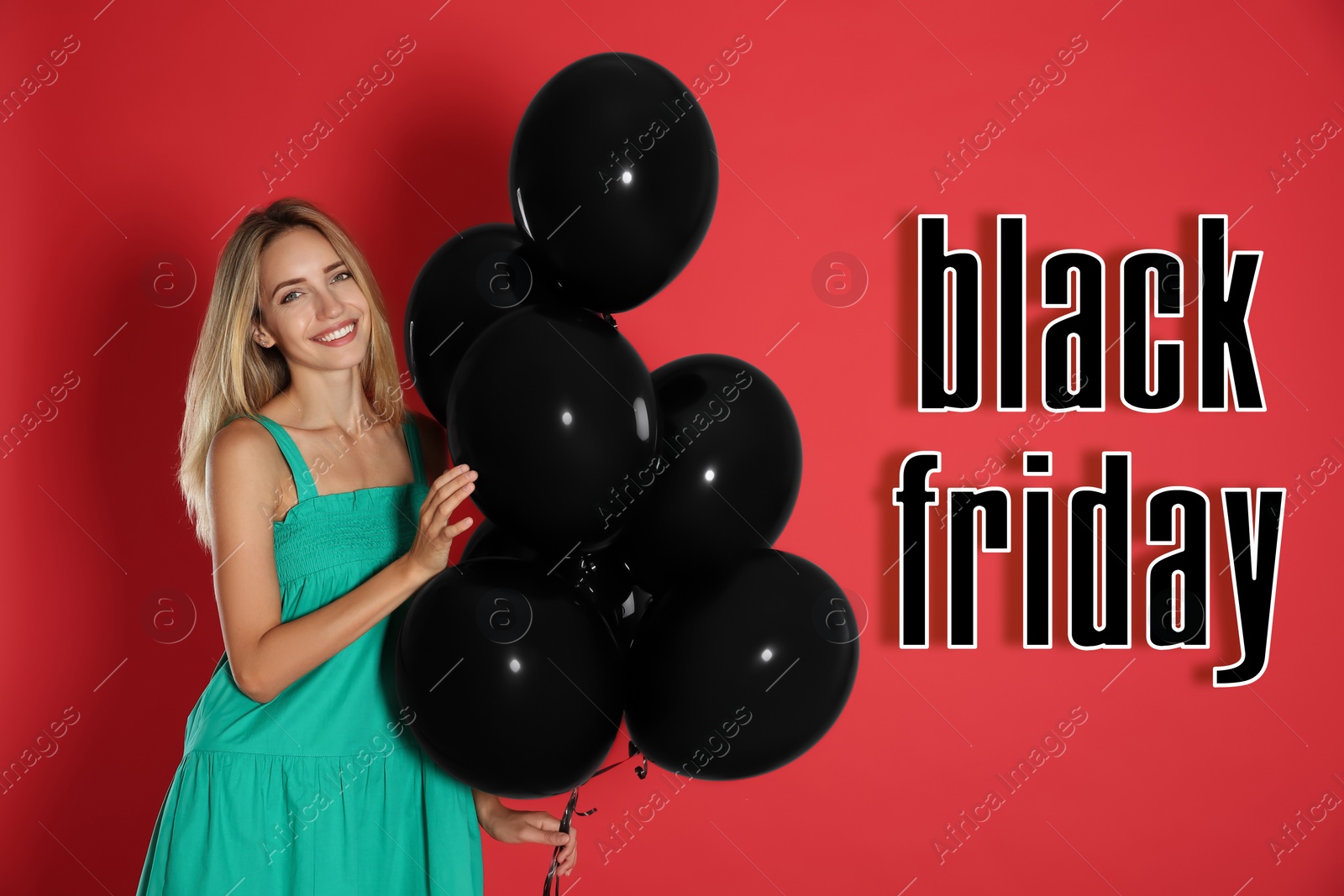 Image of Black Friday sale. Happy young woman with balloons on red background