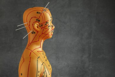 Acupuncture - alternative medicine. Human model with needles in head against dark grey background, space for text