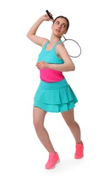 Photo of Young woman playing badminton with racket on white background