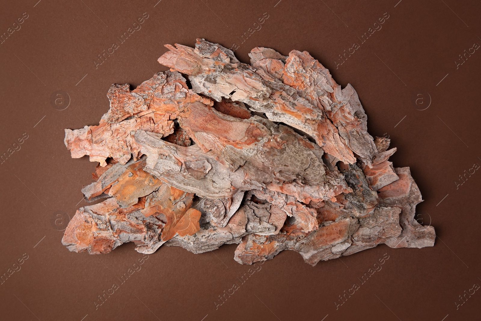 Photo of Pieces of tree bark on brown background, flat lay