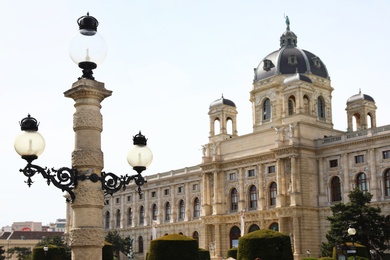 VIENNA, AUSTRIA - APRIL 26, 2019: Street light in front of Art History Museum