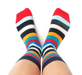 Woman in stylish socks on white background, closeup