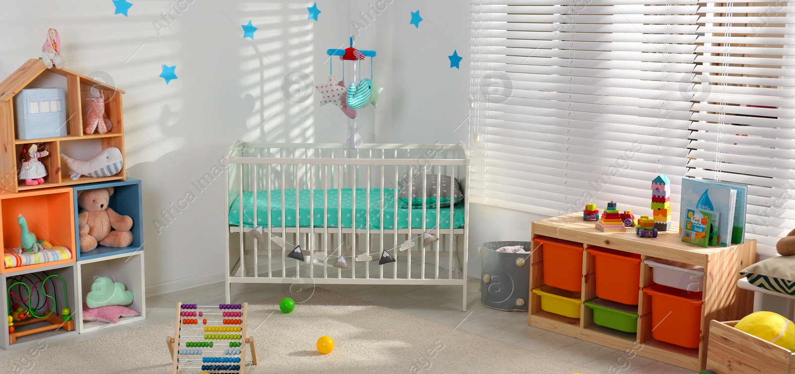 Image of Baby room interior with comfortable crib. Banner design