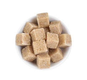 Photo of Brown sugar cubes in bowl isolated on white, top view