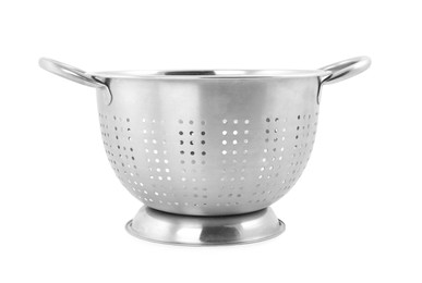 One metal colander isolated on white. Cooking utensil