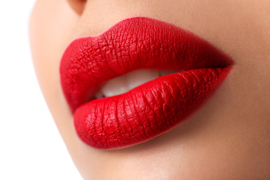 Photo of Woman with red lipstick on white background, closeup