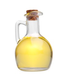 Photo of Glass jug of cooking oil isolated on white