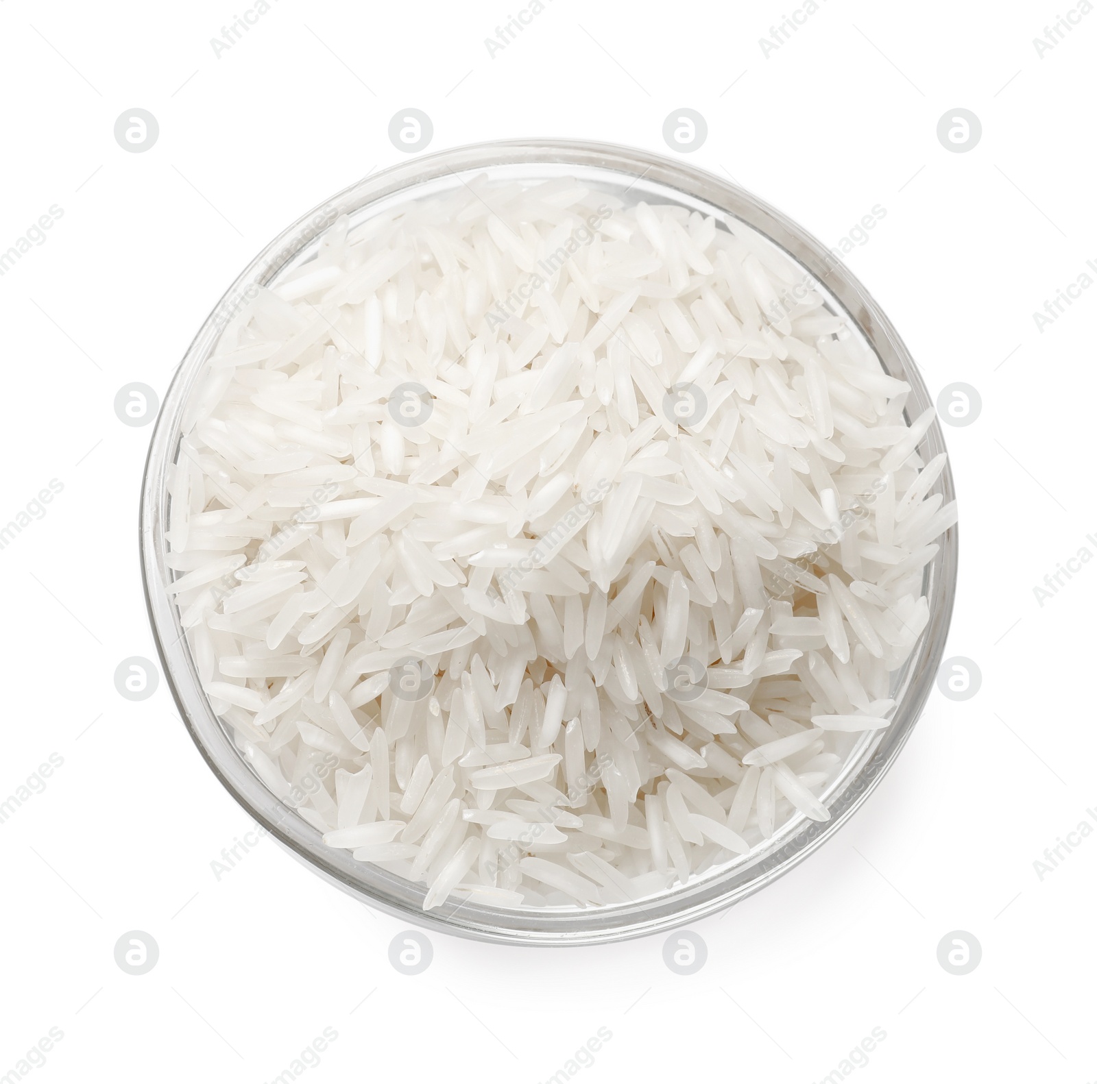 Photo of Raw basmati rice in bowl isolated on white, top view