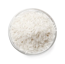 Raw basmati rice in bowl isolated on white, top view