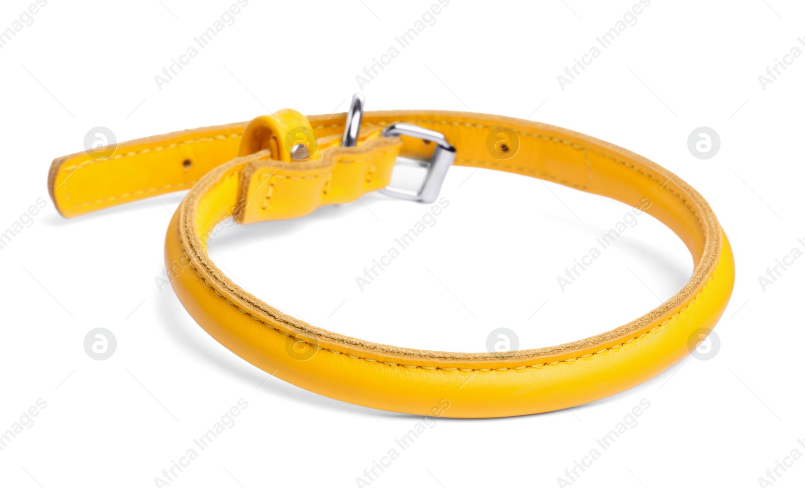 Photo of Yellow leather dog collar isolated on white