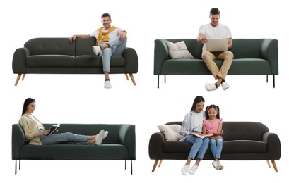 Image of Collage with photos of people sitting on different stylish sofas against white background