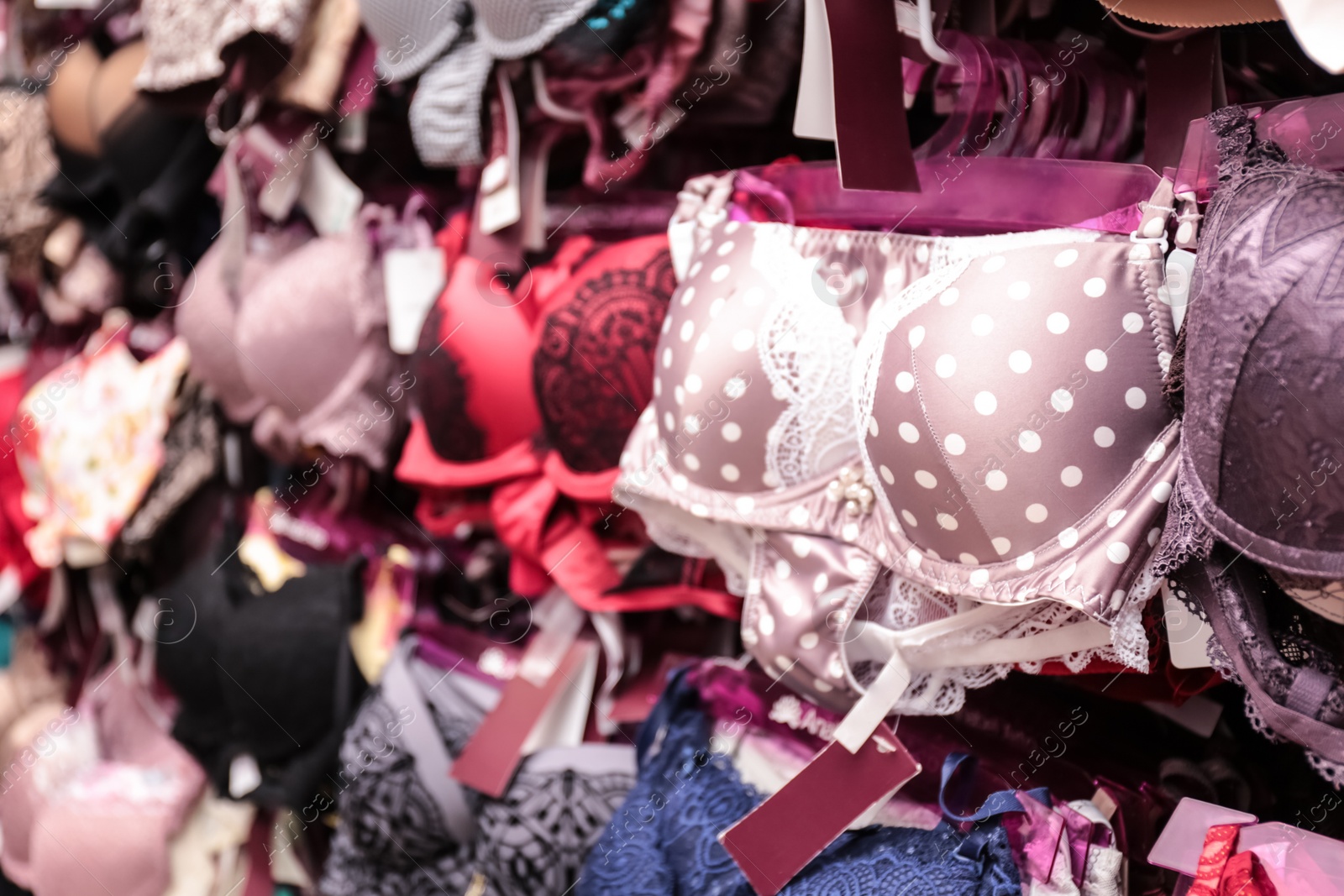 Photo of Display with beautiful female underwear in store