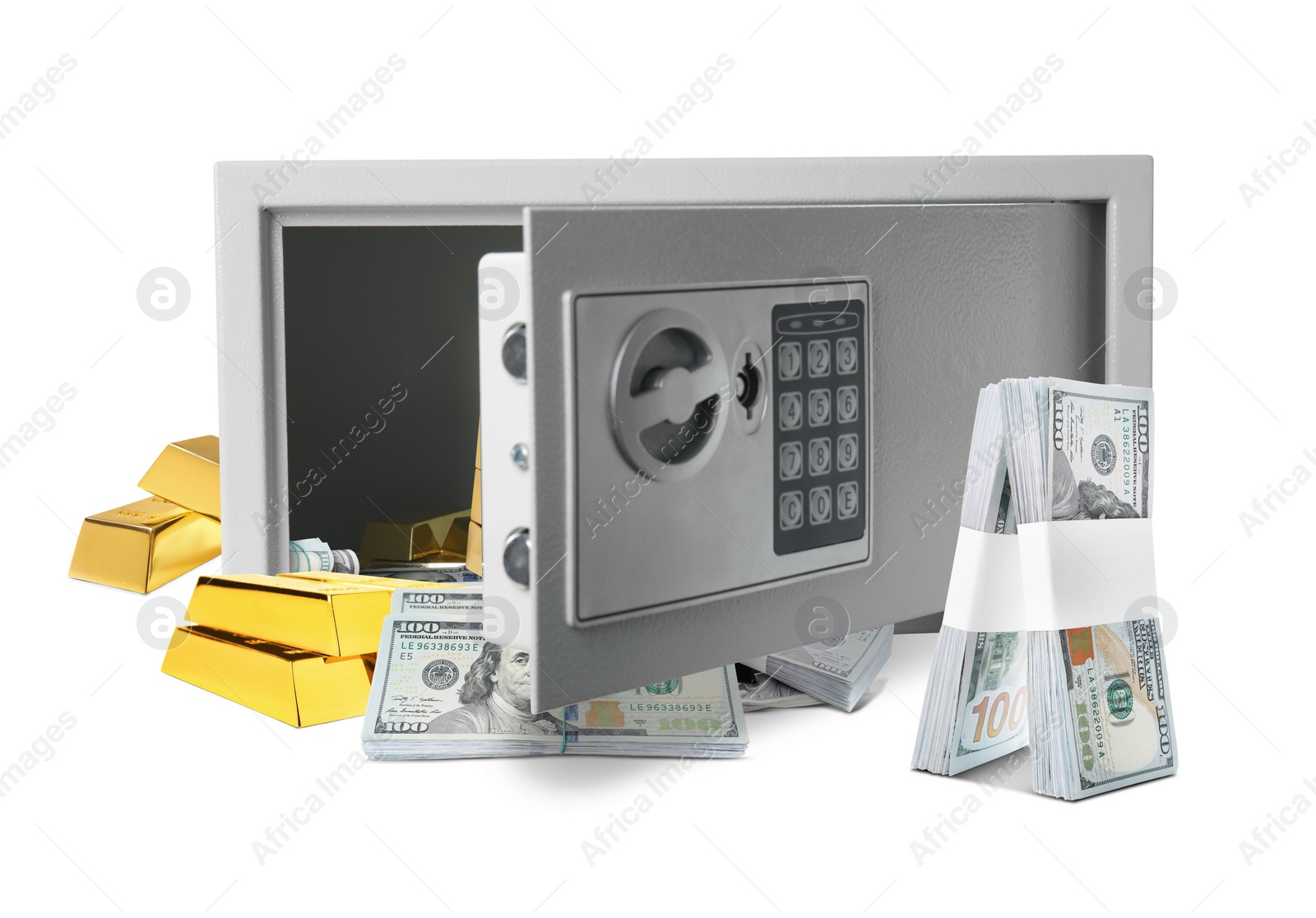 Image of Open steel safe with money and gold bars on white background