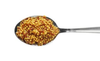 Photo of Spoon with whole grain mustard isolated on white, top view