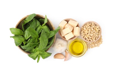 Photo of Different ingredients for cooking tasty pesto sauce isolated on white, top view