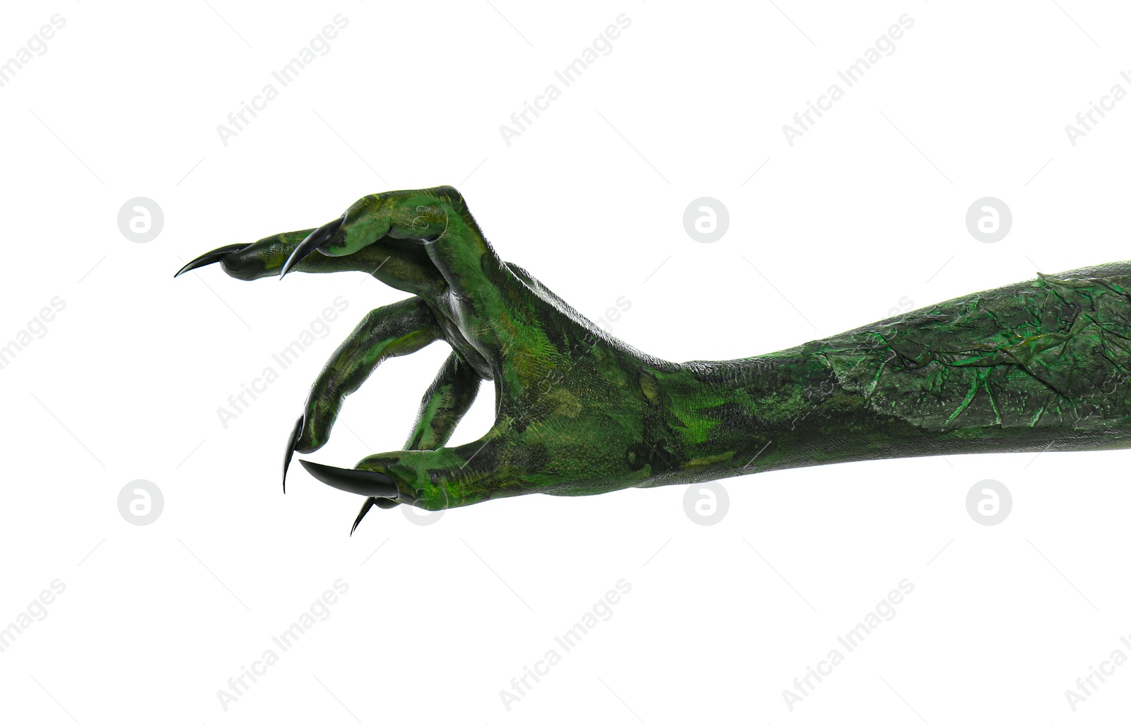 Photo of Scary monster on white background, closeup of hand. Halloween character