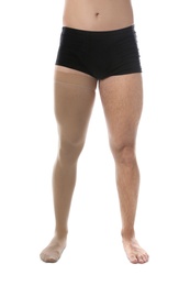 Photo of Man wearing compression stocking isolated on white, closeup